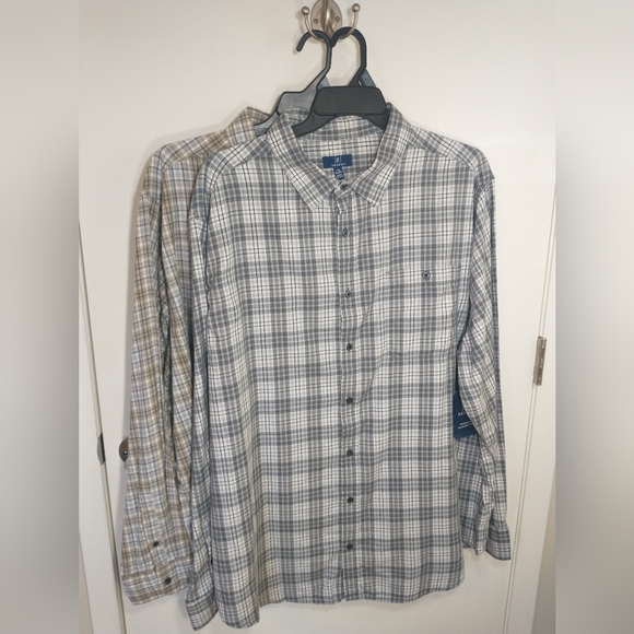 2 George Men Size 3XL Gray, Bown Plaid Long Sleeve Button Down Poplin Shirts - Picture 1 of 13